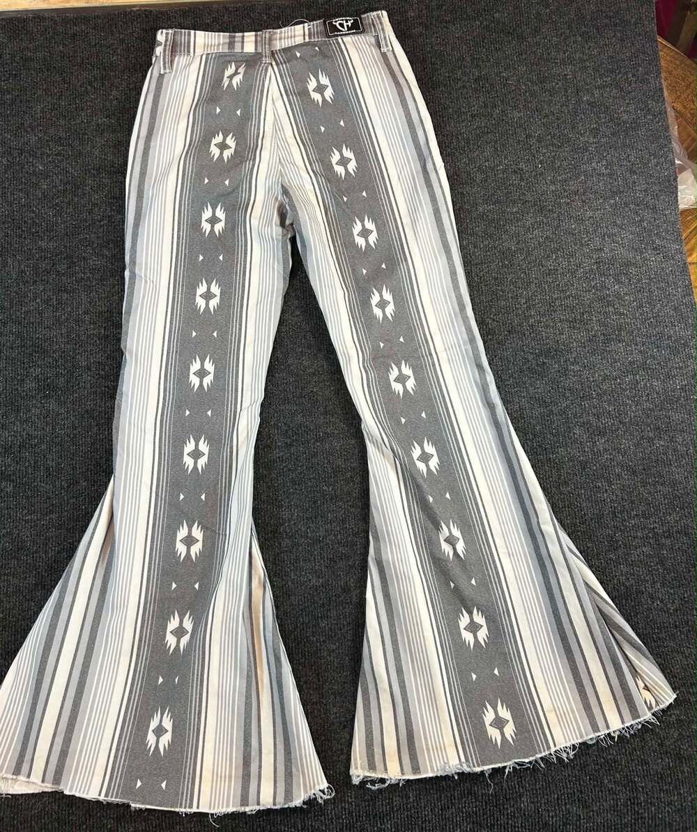 Cowgirl Hardware Gray Aztec Print Striped Bell Bottom Jeans Size 10